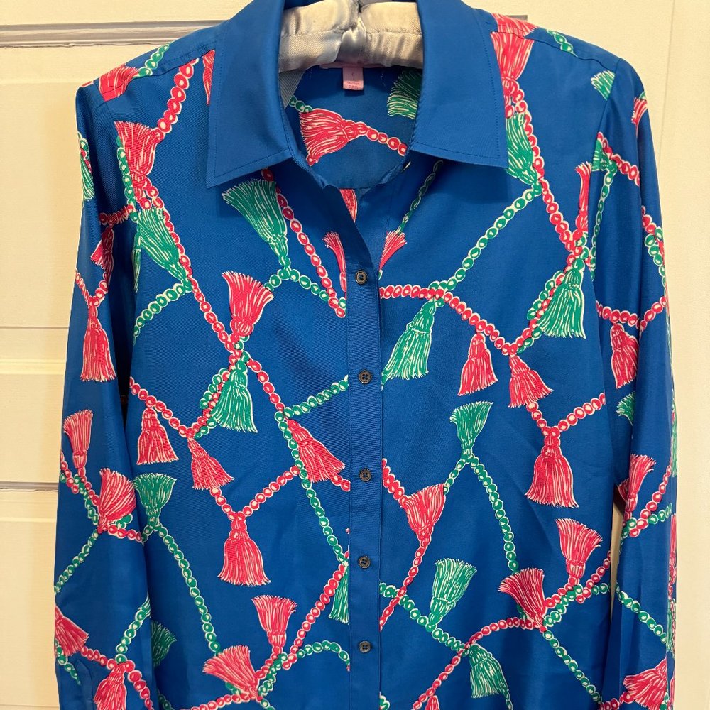 Lilly Pulitzer 100% Silk Button-up Blouse with Collar and Cuffs Size 6 Blue Pink